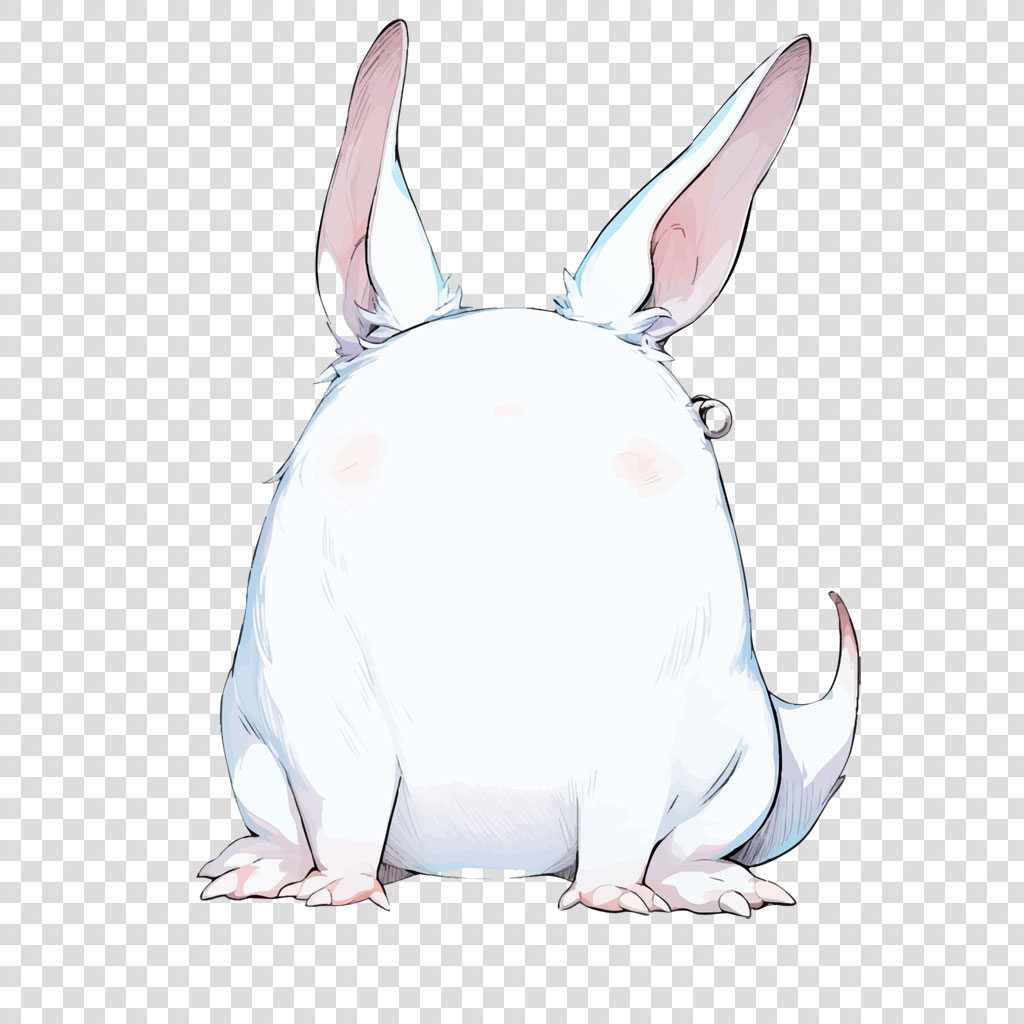 Illustration of a white rabbit from behind, showcasing its large ears and fluffy tail