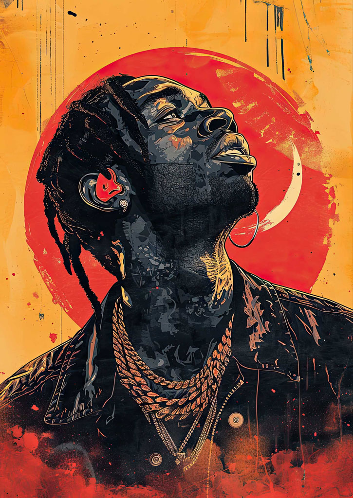 Illustration of a man with dreadlocks and gold chains looking upwards
