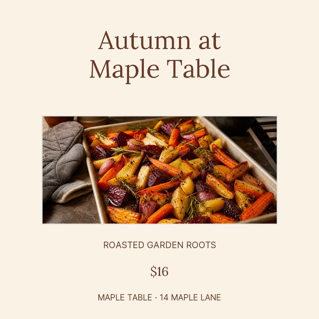Square menu design with autumn title, roasted vegetables photo, and price text.