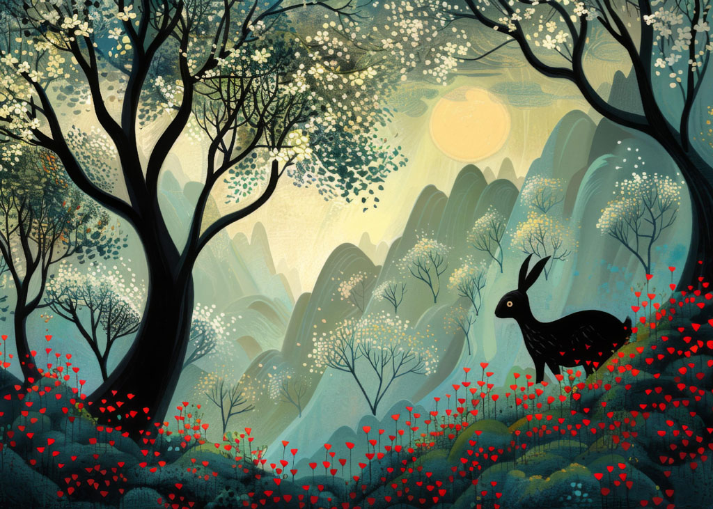 Illustration of a deer in a forest with blooming trees and red flowers under a full moon