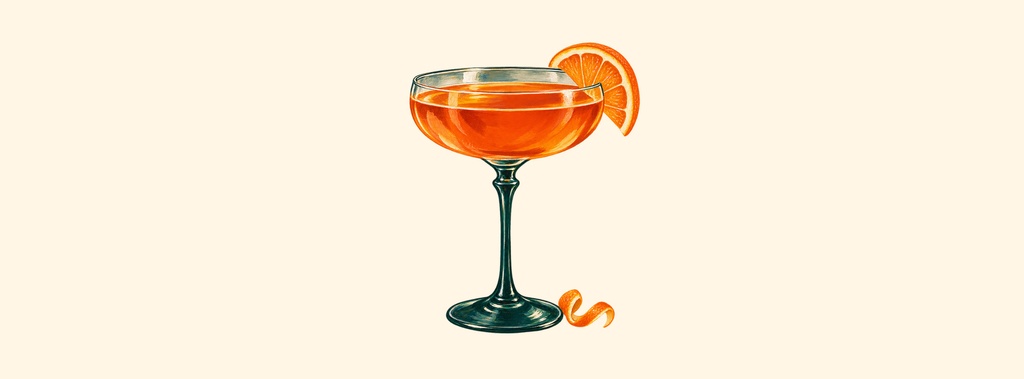 A minimalist cocktail glass with an orange slice on a cream background