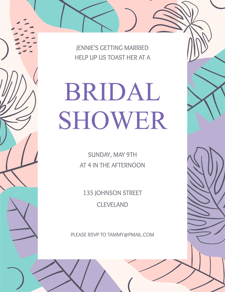 Bridal shower invitation for Jennie with date, time, location, and RSVP details.
