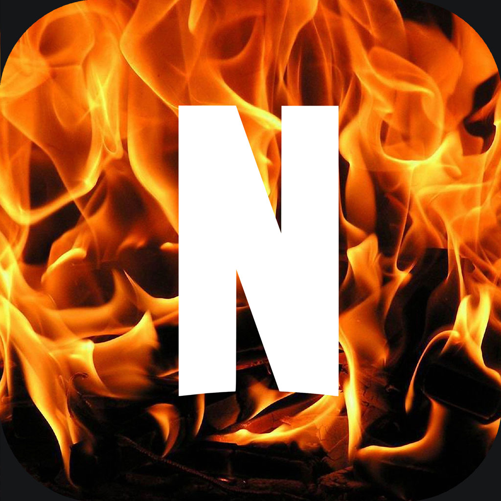 White letter N on a background of flames