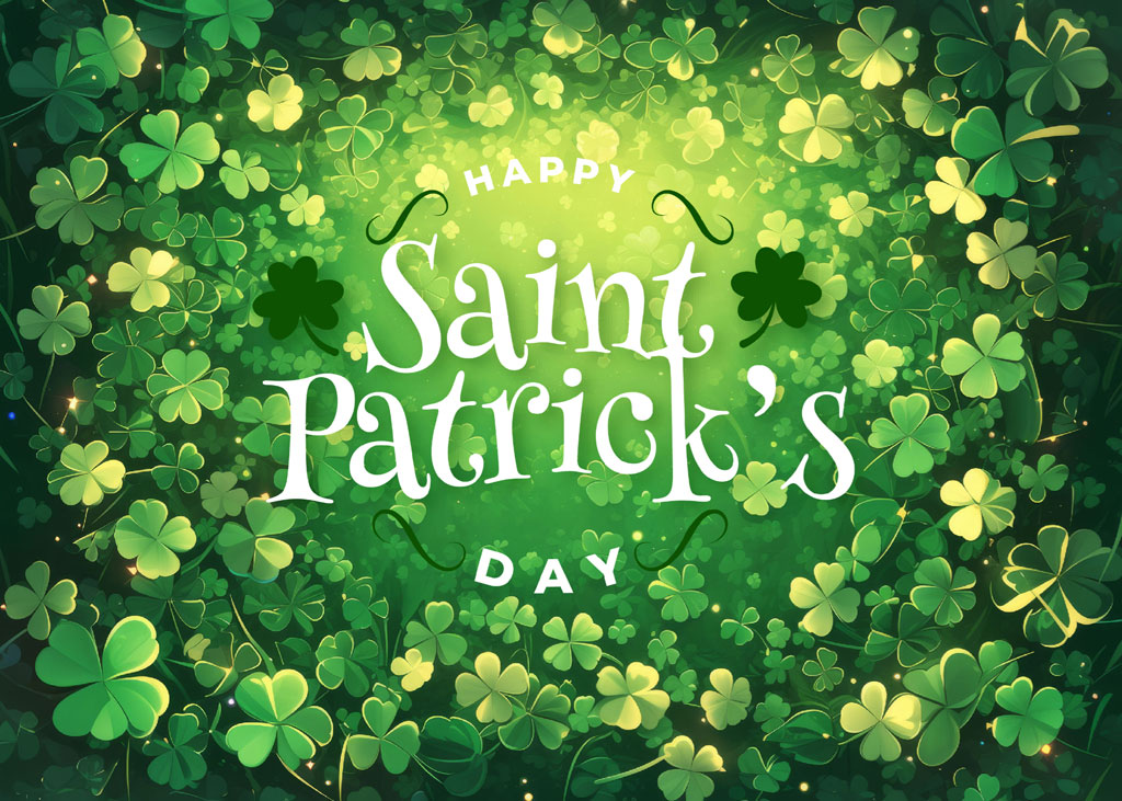 Saint Patrick's Day greeting surrounded by shamrocks