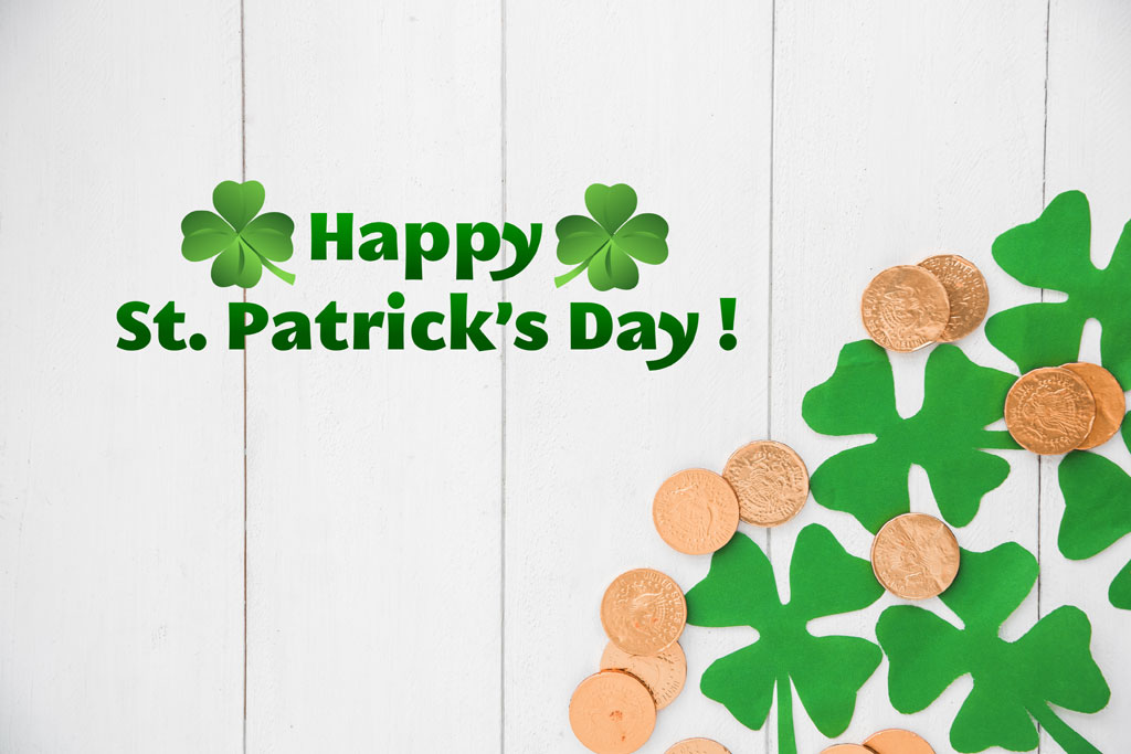 St. Patrick's Day greeting with shamrocks and gold coins