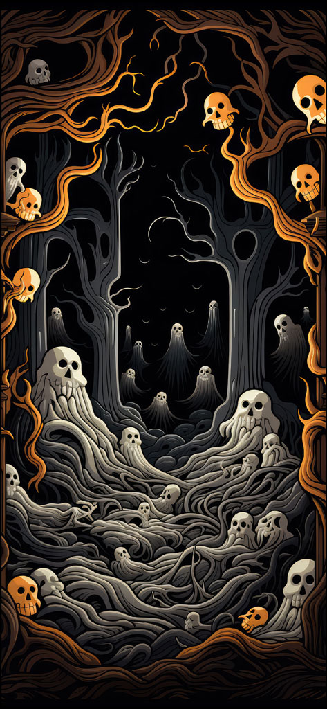 Illustration of ghostly figures and skulls in a dark forest