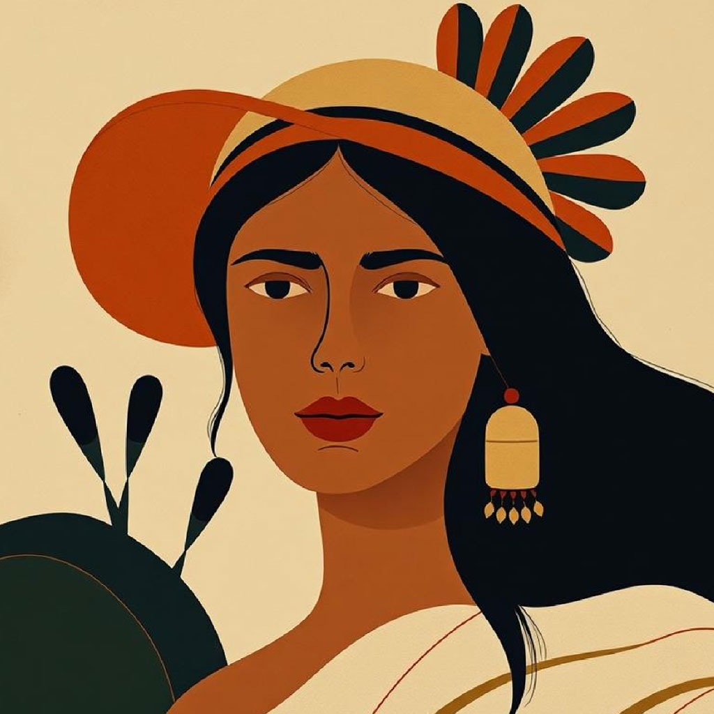 Illustration of a woman with dark hair and brown skin wearing a hat adorned with feathers and large dangling earrings.