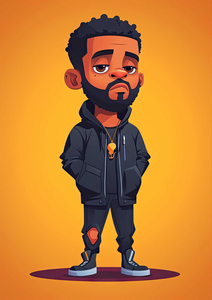 Cartoon man with black hoodie and ripped jeans on orange background