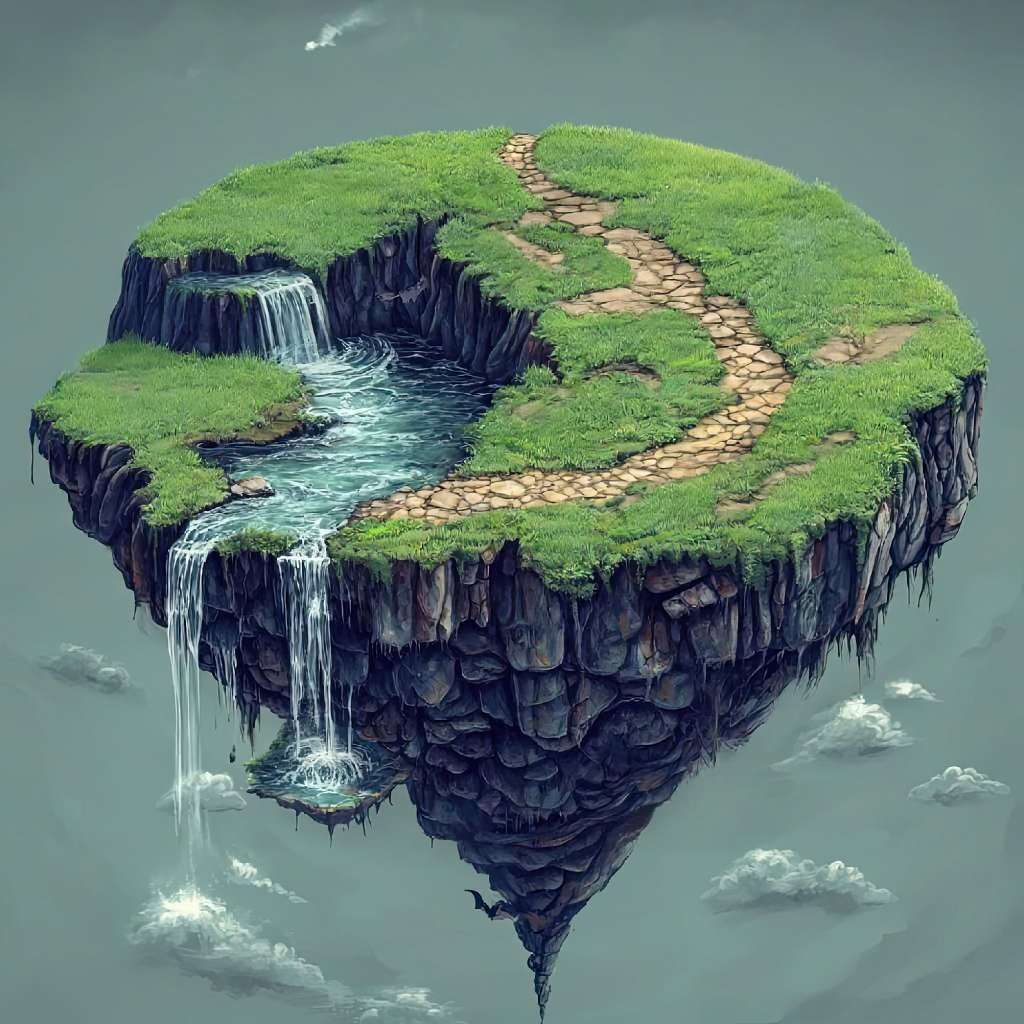 A digital illustration of a floating island with a lake, waterfalls, and a winding stone path.