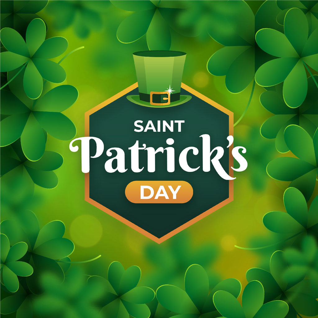 Saint Patrick's Day graphic with leprechaun hat and shamrocks