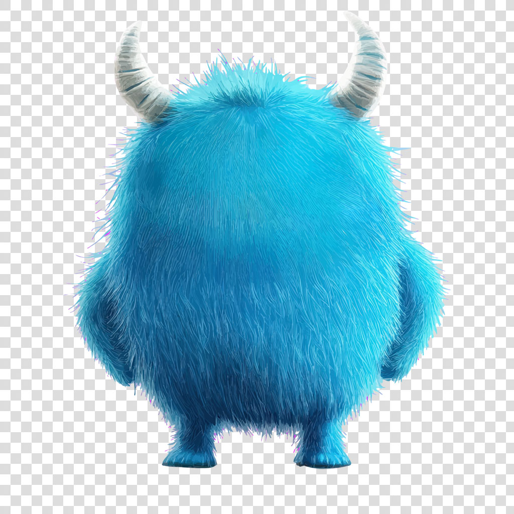 A blue, furry monster with two gray horns on its head