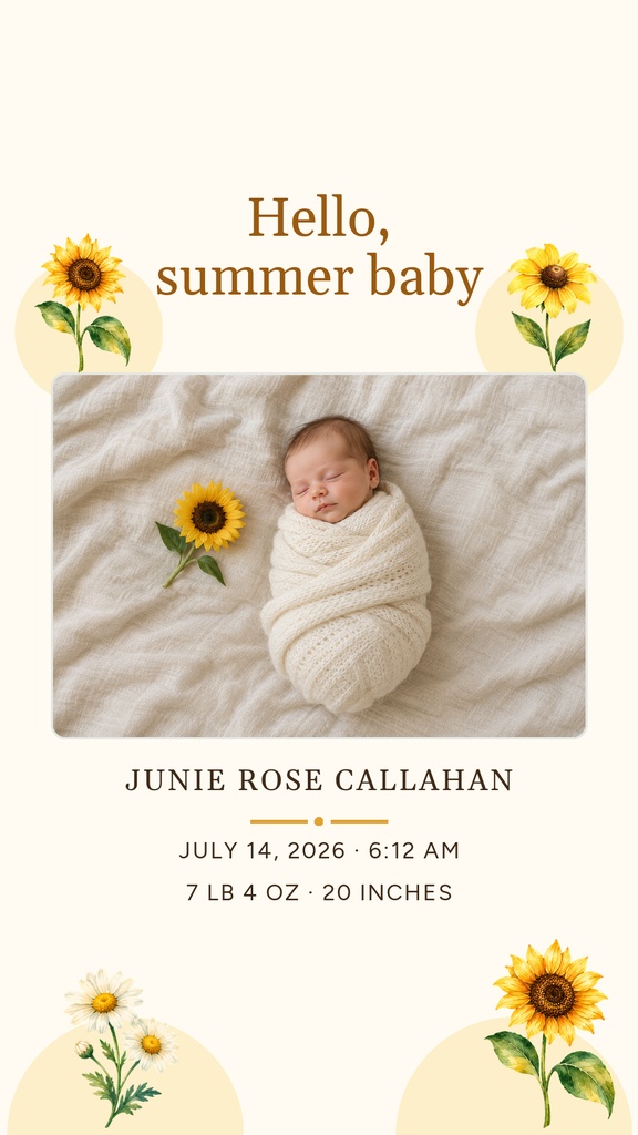 Instagram story template with a sleeping newborn wrapped in cream blanket, sunflowers, and birth details.
