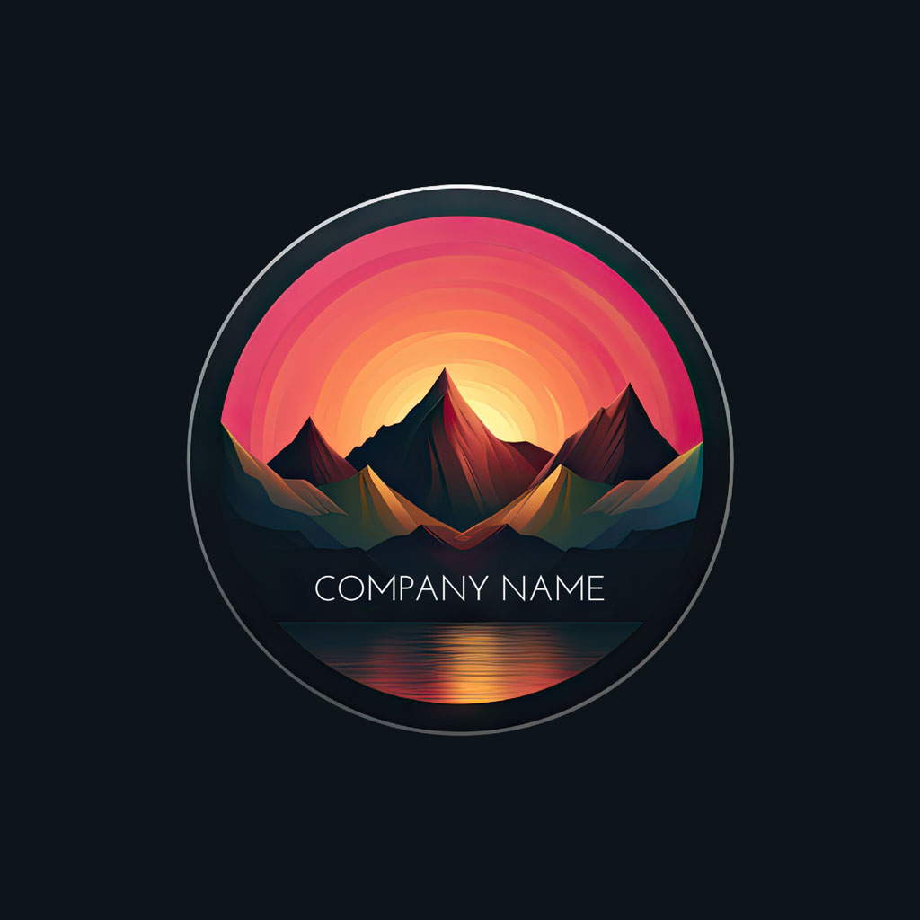 A circular logo with a mountain range at sunset
