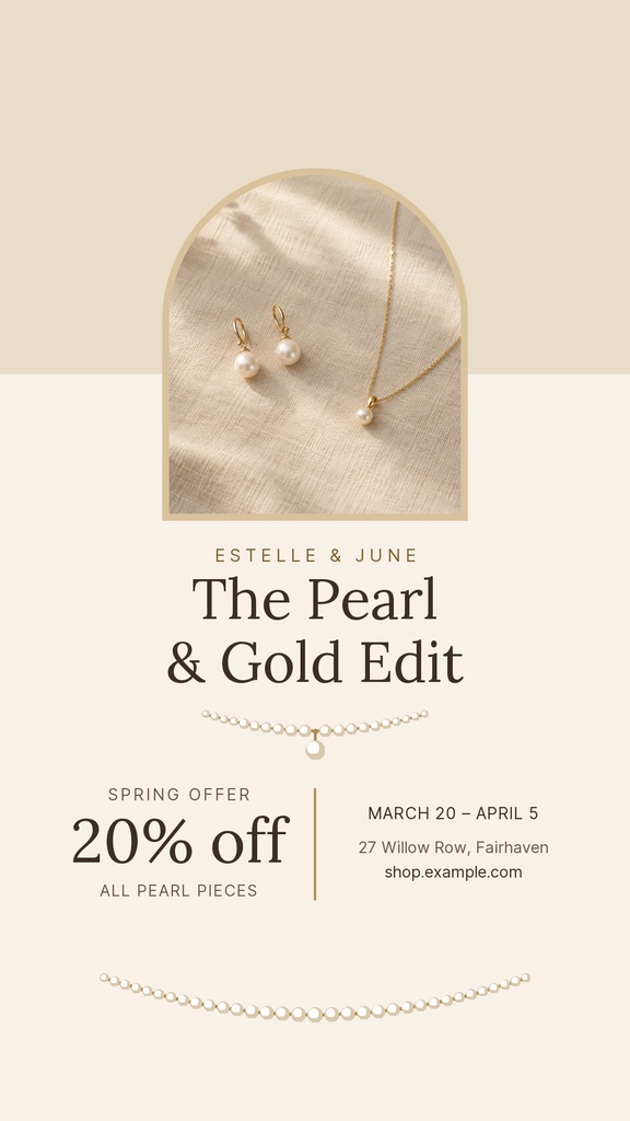 Elegant beige Instagram story template with pearl jewelry, gold necklace, and spring sale text.