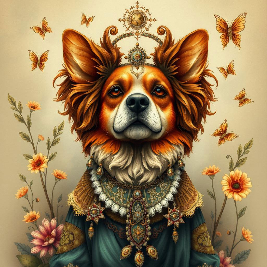 An artistic depiction of a maiden with long hair and a flowing dress, surrounded by flowers and birds in a dreamy landscape.