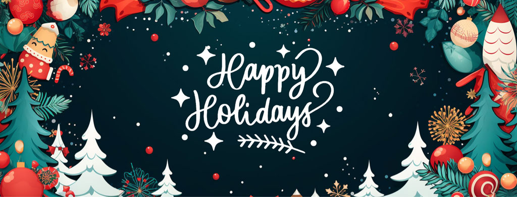 Happy Holidays greeting card with Santa Claus and Christmas decorations