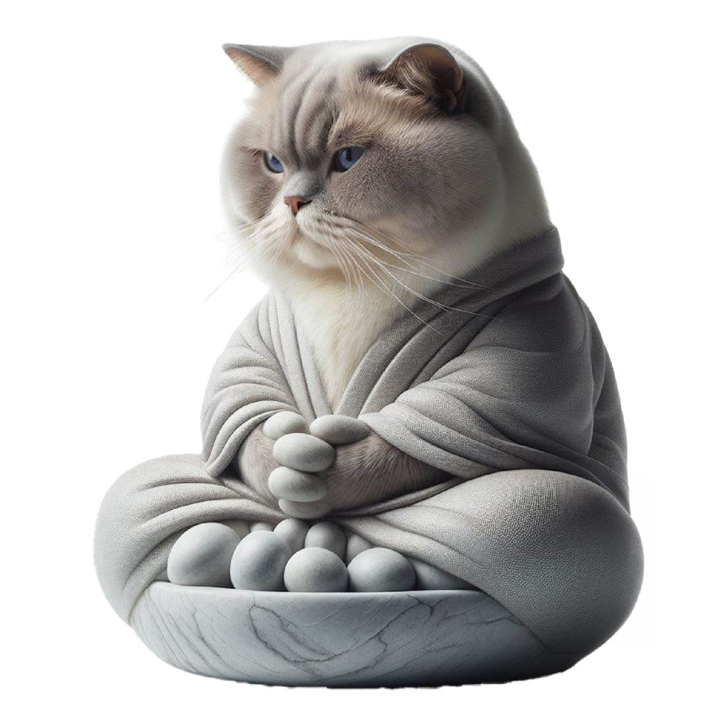 A minimalist illustration of a white cat with closed eyes, sitting on a patch of green with leaves around it.