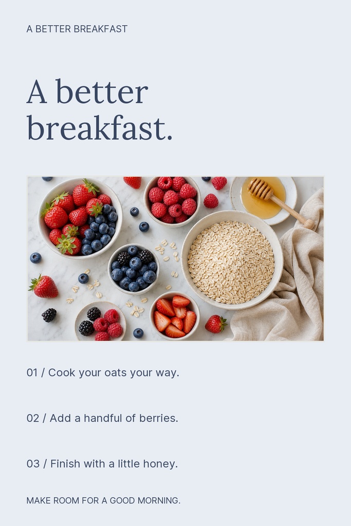 Pinterest pin template with oats, berries, honey, and breakfast text on a light background
