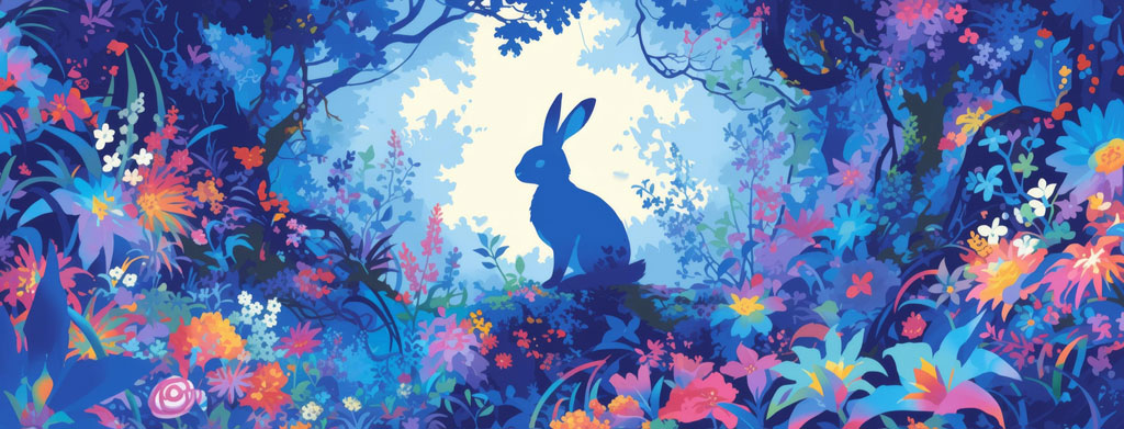 A blue silhouette of a rabbit surrounded by colorful flowers and foliage