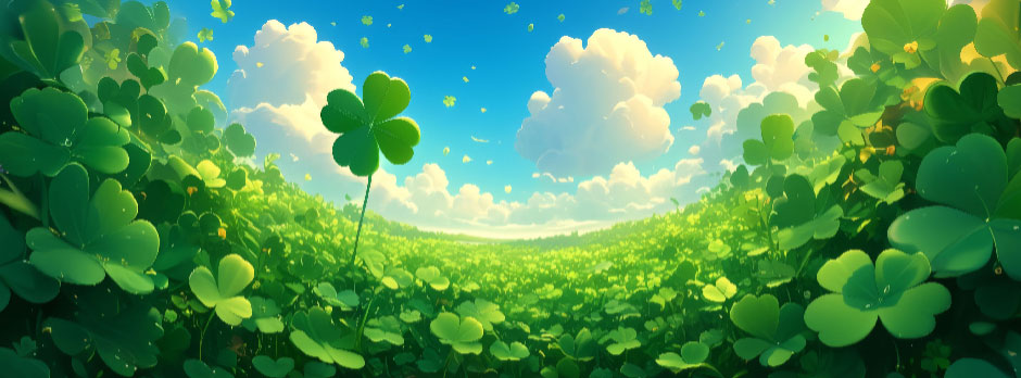 A field of green clovers with a single four-leaf clover in the foreground and a blue sky with white clouds