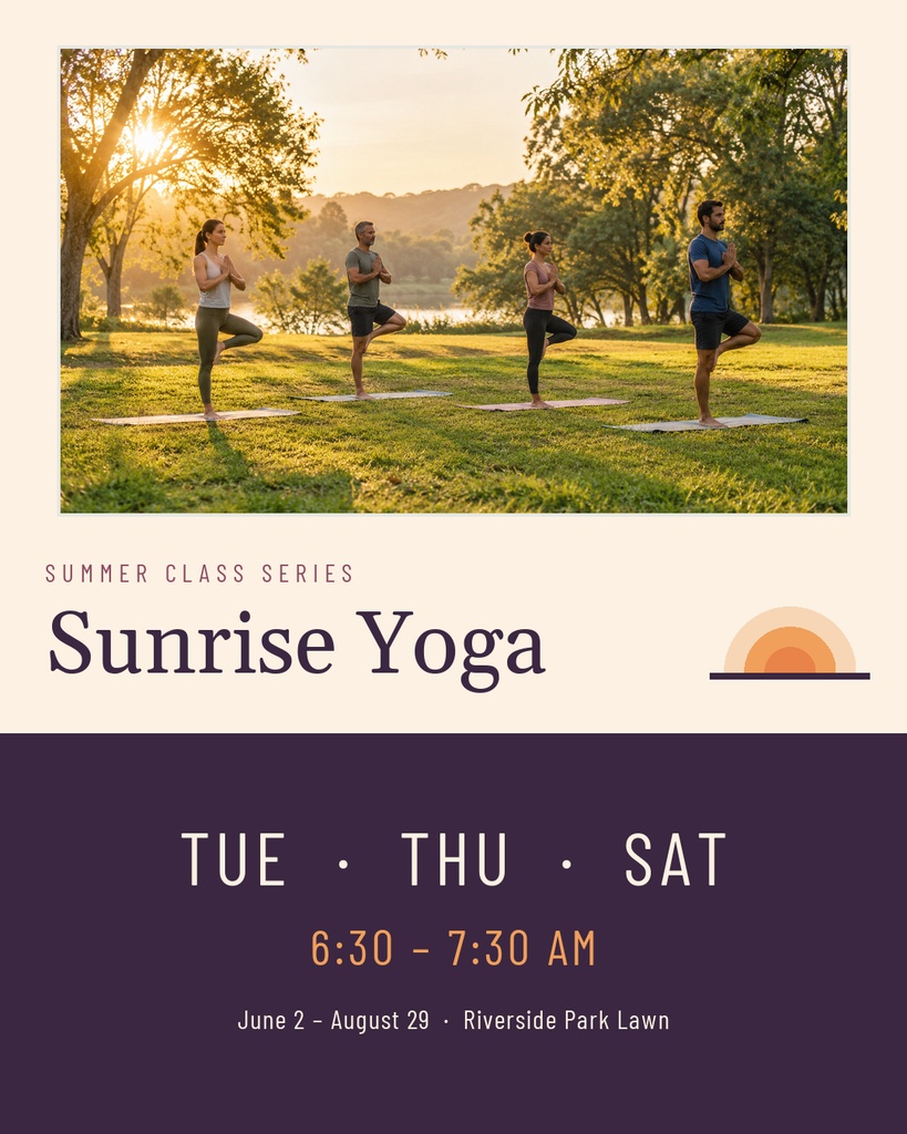 Four people practicing yoga in a sunny park at sunrise with event text below.