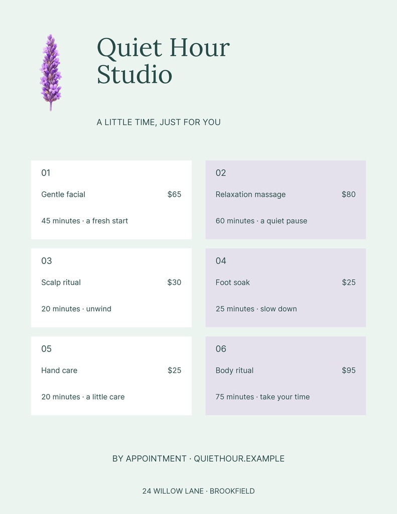 Preview for Quiet Hour Studio Letter Menu / Price List Template