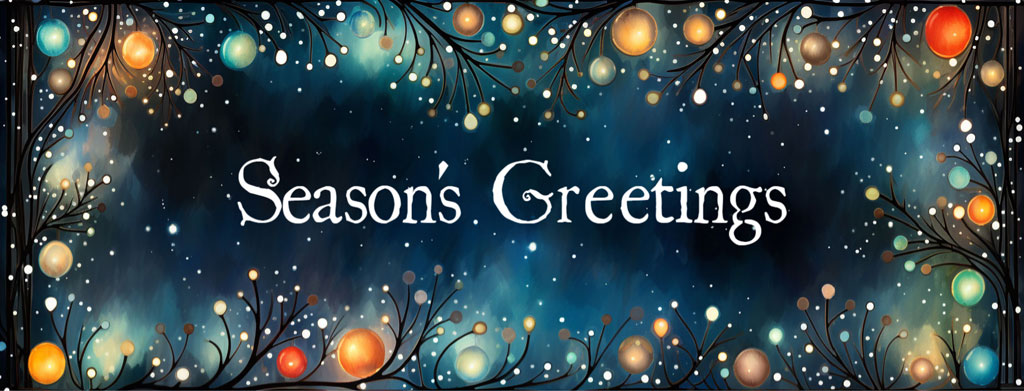 Season's Greetings card with ornaments and snowflakes