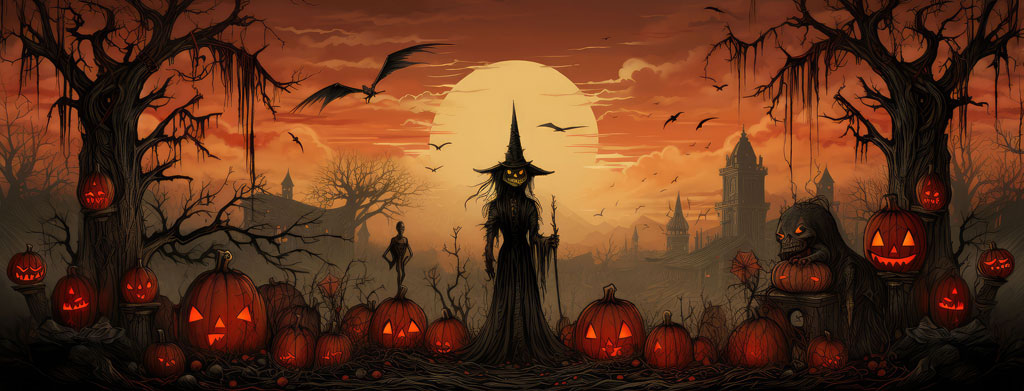 A spooky Halloween scene with a witch and pumpkins