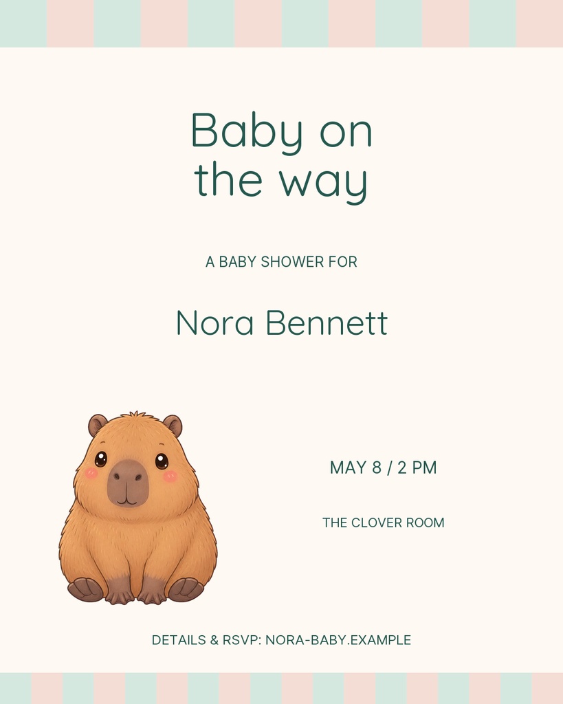 Portrait baby shower invitation with a capybara illustration and soft mint and blush borders.