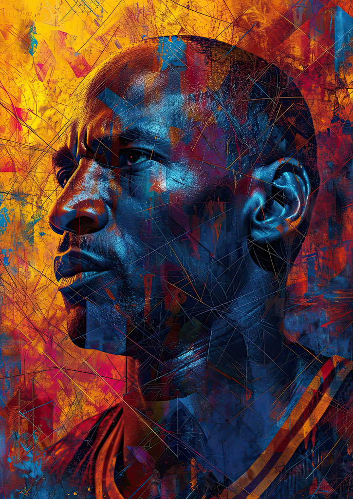 A digital artwork of Michael Jordan's profile in shades of blue, red, and yellow.