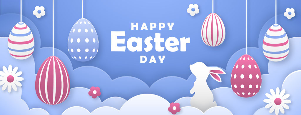 Easter eggs hanging from the sky with a bunny and flowers on a blue background
