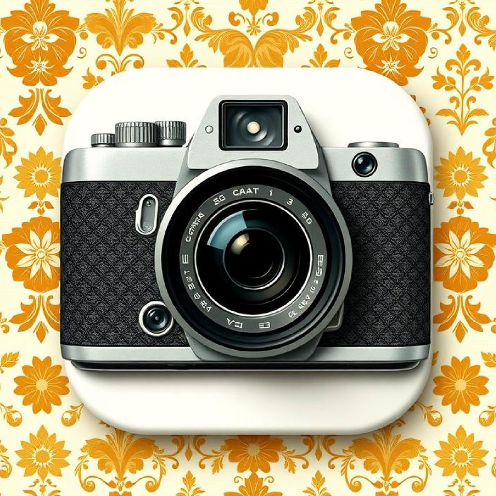 Vintage camera on a white background with orange floral patterns