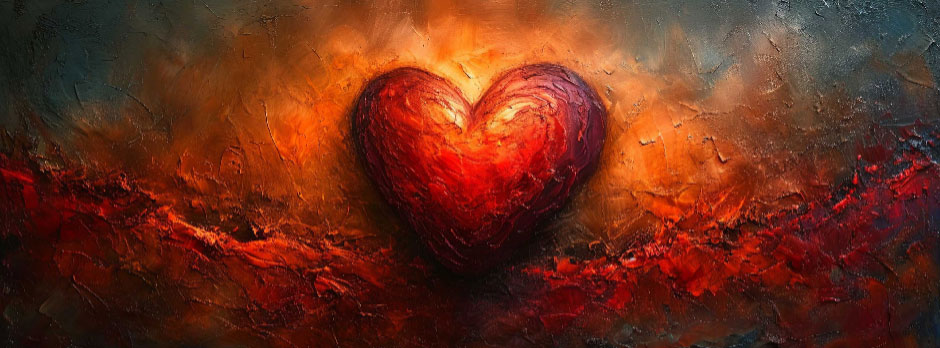 Glowing red heart in an abstract painting