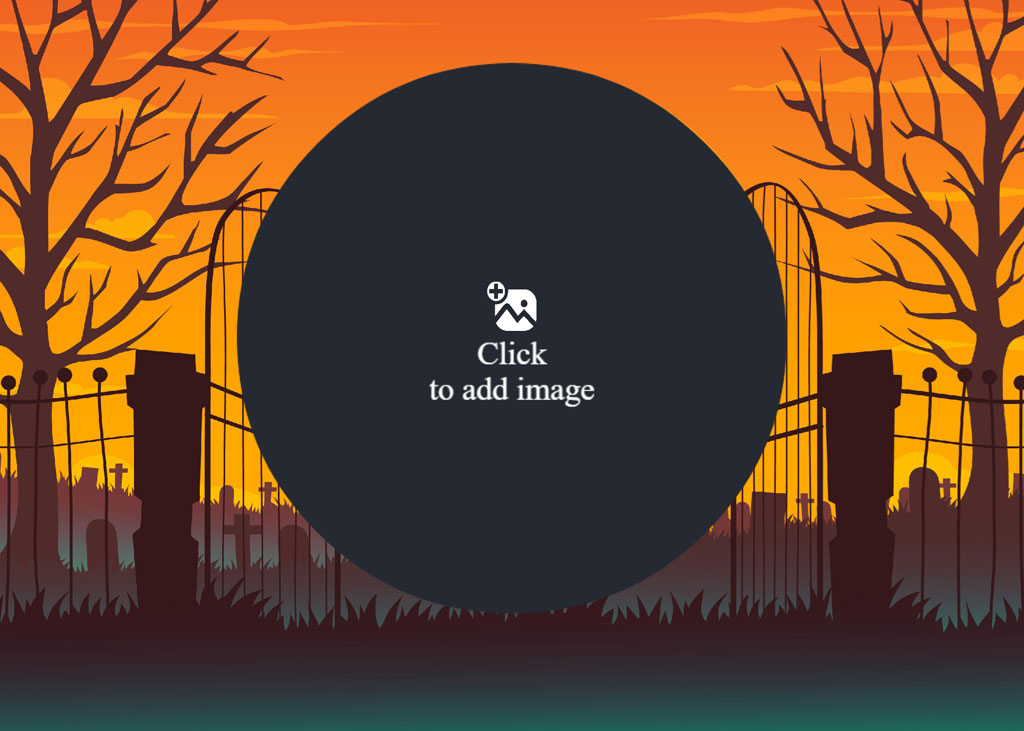 Illustration of a cemetery with bare trees and a large black circle in the foreground at sunset.