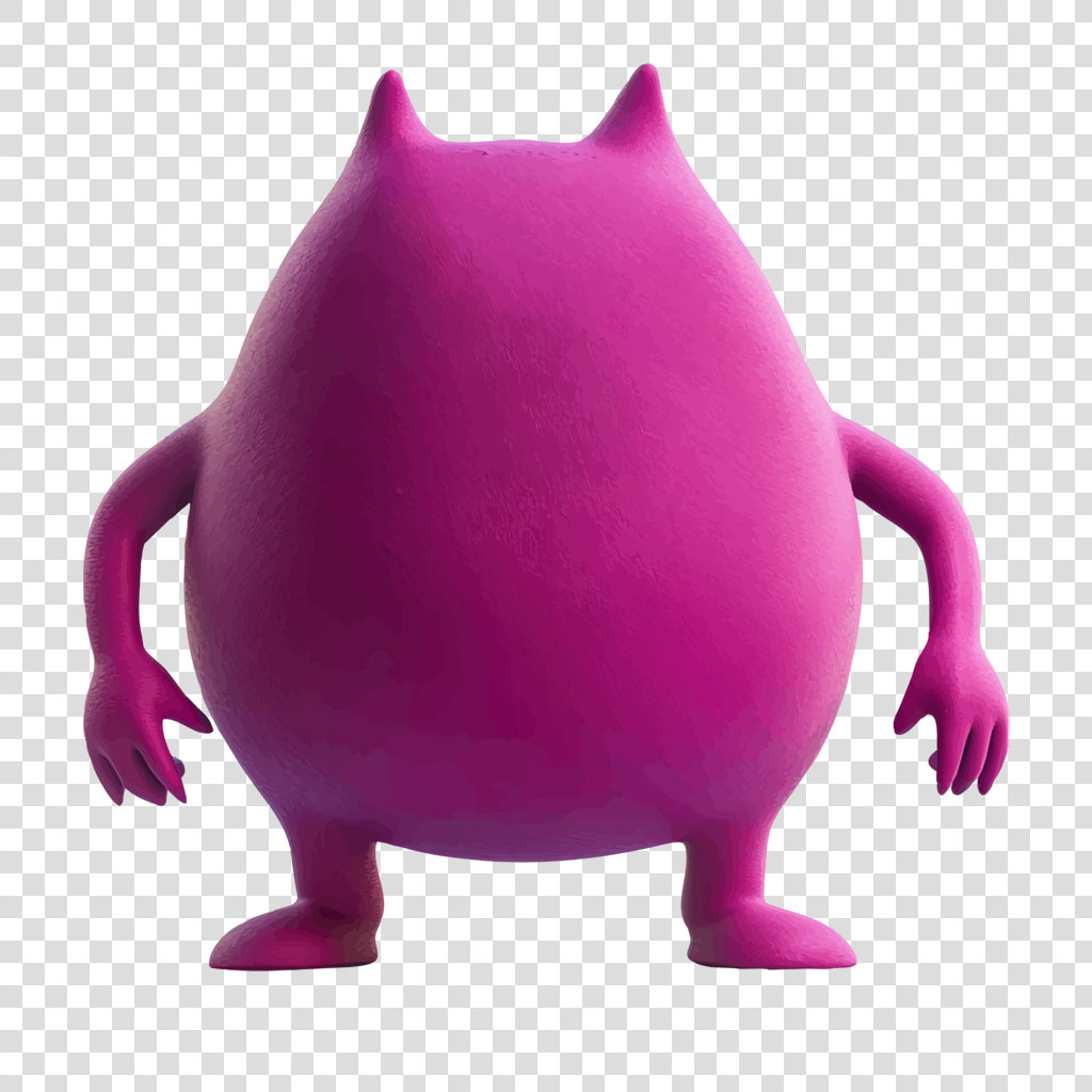 A 3D rendered pink cartoon character with a large body and small arms and legs.