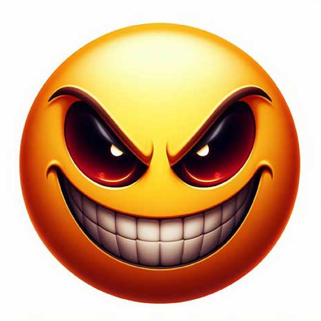 A yellow emoji face with red eyes and a sly grin.
