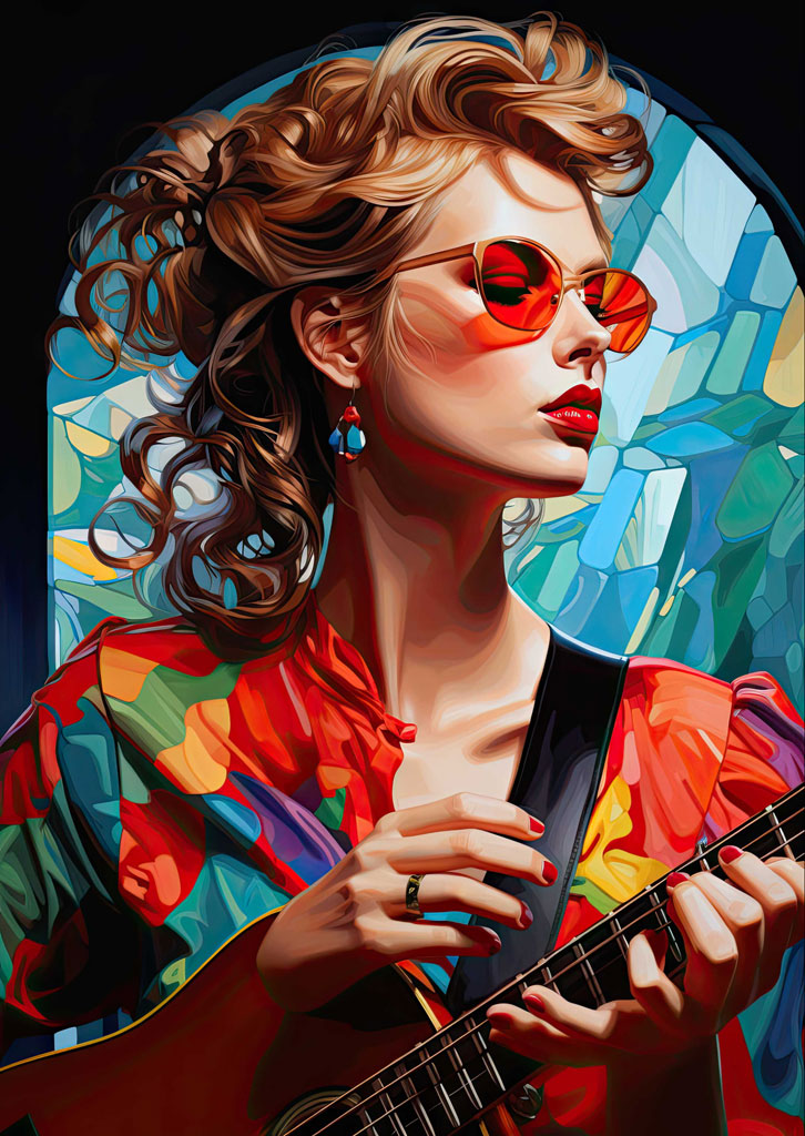 A woman with curly hair and sunglasses playing a guitar in a vibrant, multicolored outfit.