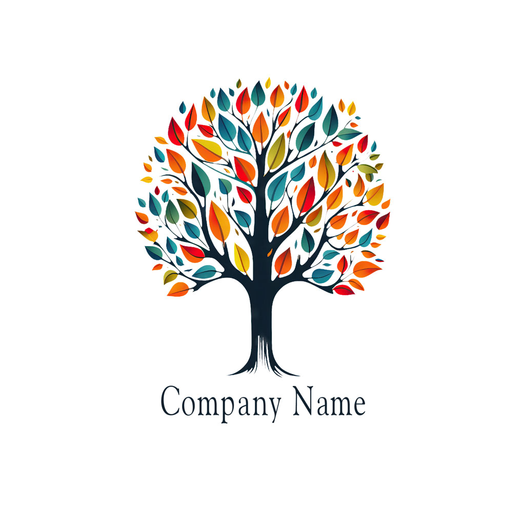 Colorful tree logo with multicolored leaves and black trunk