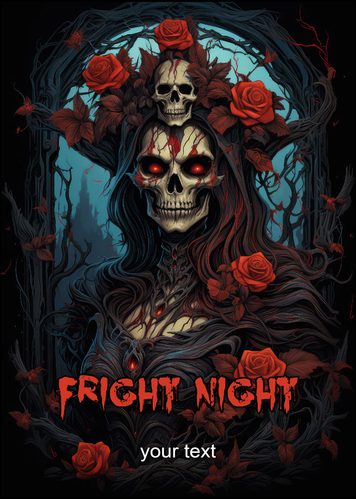 Fright Night illustration with skull and red roses
