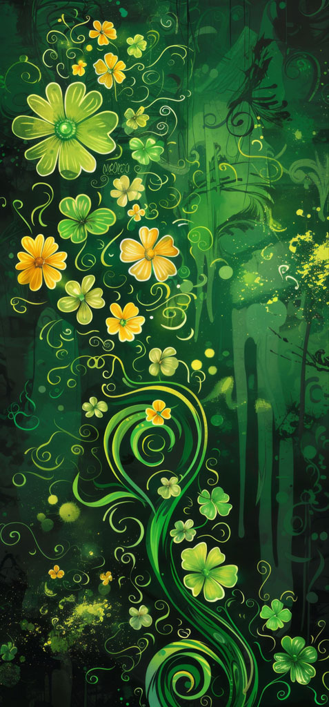 A digital artwork with a green background, featuring yellow and green flowers and swirling vines.