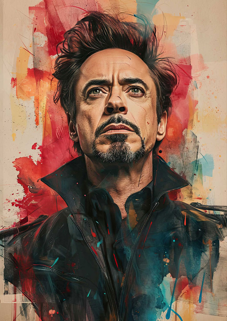 Digital painting of Tony Stark with a mix of red, blue, and yellow hues