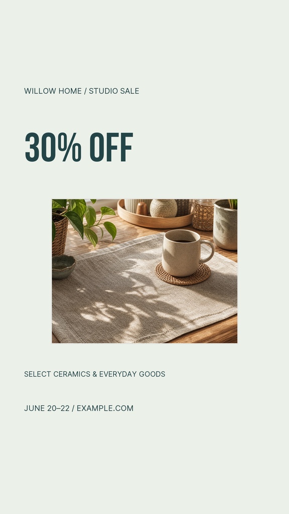 Minimal Instagram Story template with 30% off text and a ceramics shelf display photo.