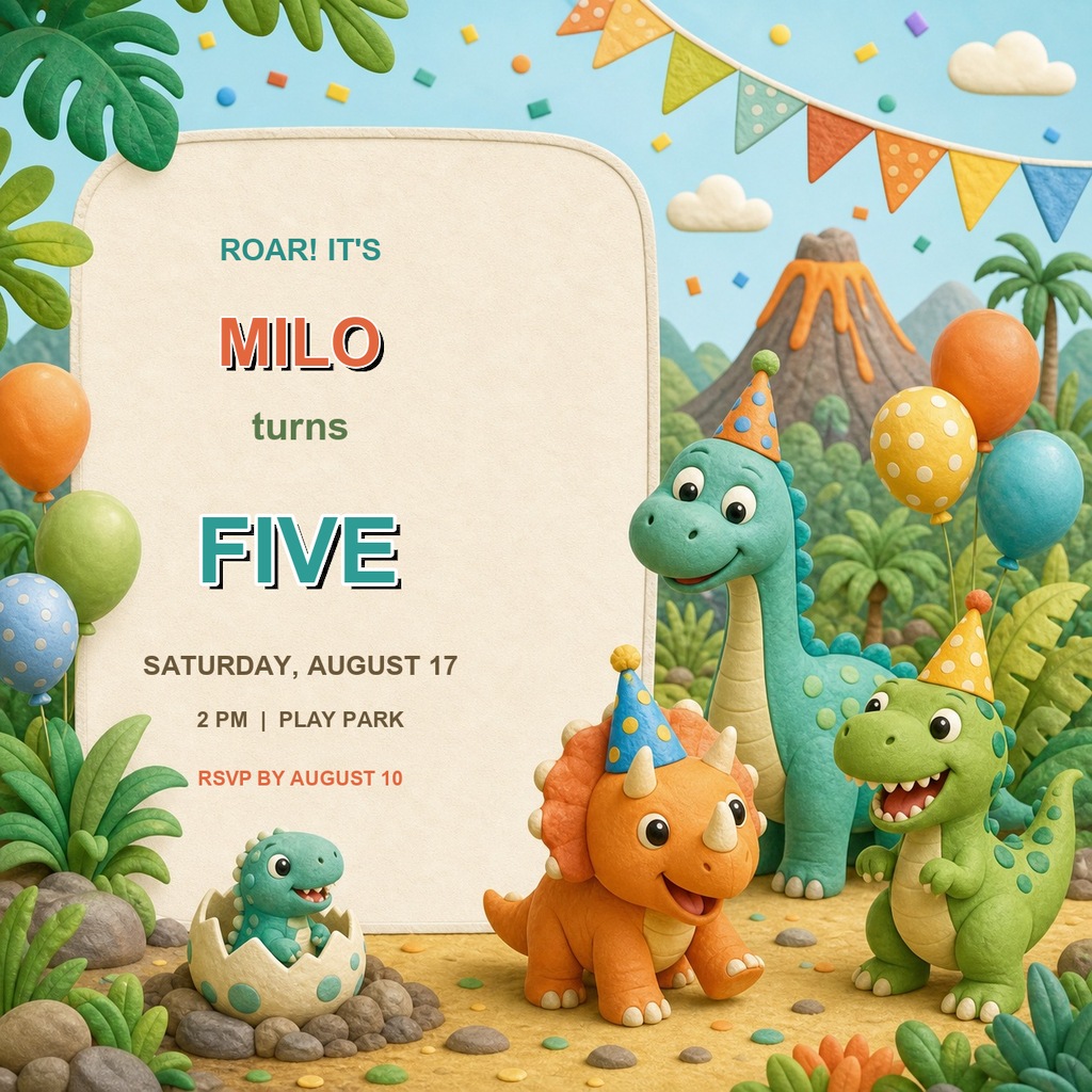 Colorful dinosaur birthday invitation with cartoon dinosaurs, balloons, jungle plants, and party bunting.