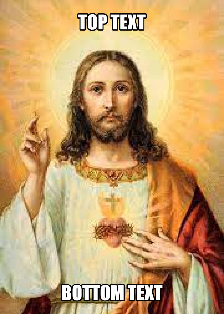 Jesus Christ with long brown hair and a white robe, holding his heart and pointing upwards