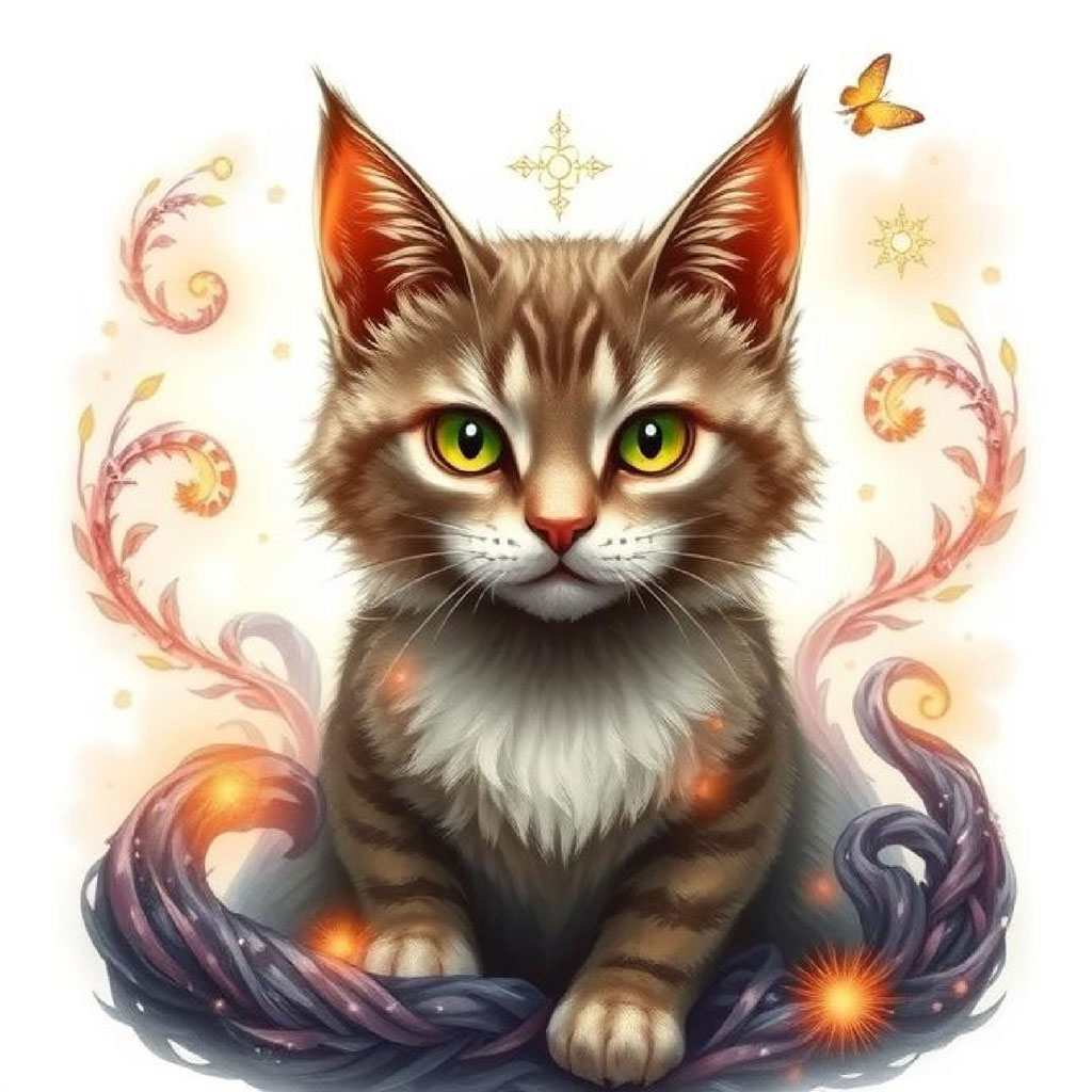 A brown and white kitten with yellow eyes surrounded by swirling patterns and a butterfly.