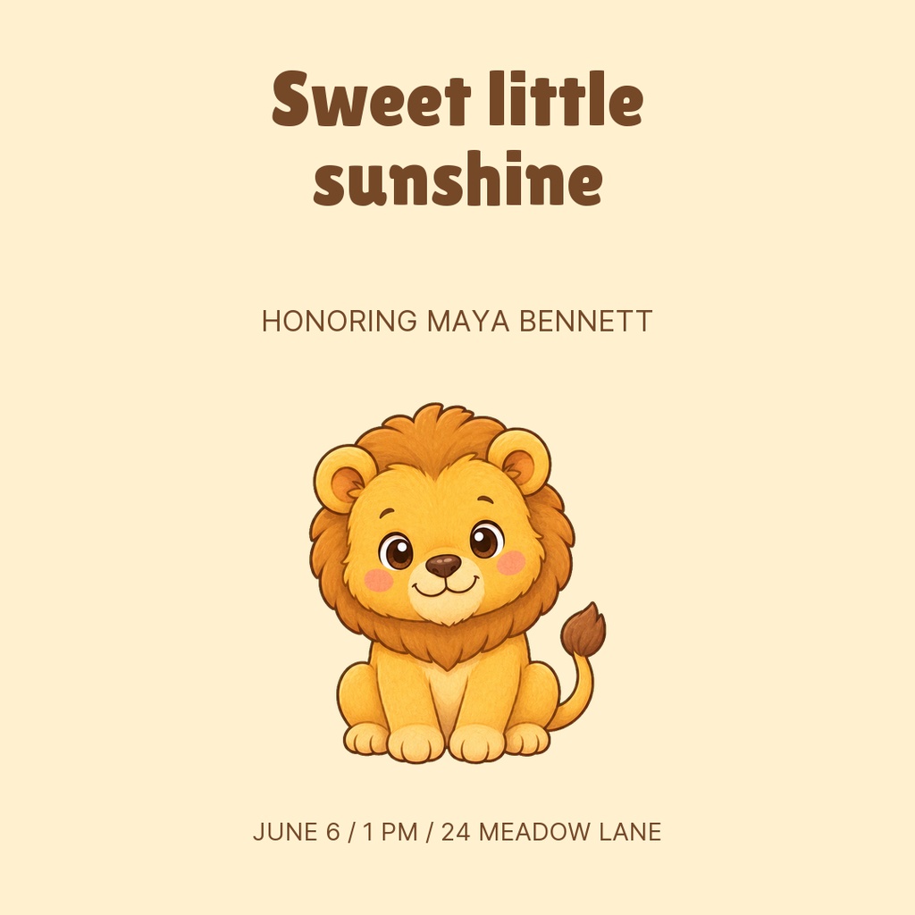 Square baby shower invitation with a cute lion illustration and warm beige background