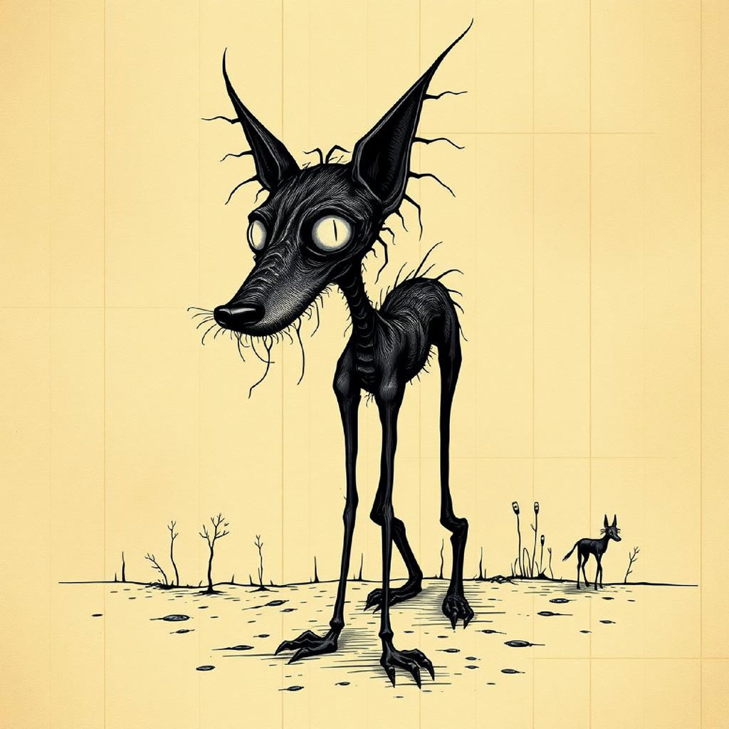 Illustration of three black, humanoid figures with glowing eyes on a desolate hill