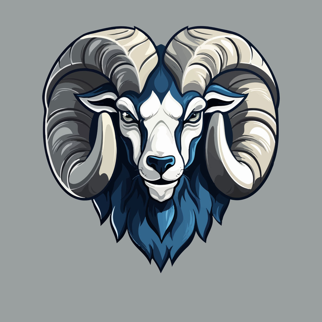 Cartoon ram's head with large horns and blue fur