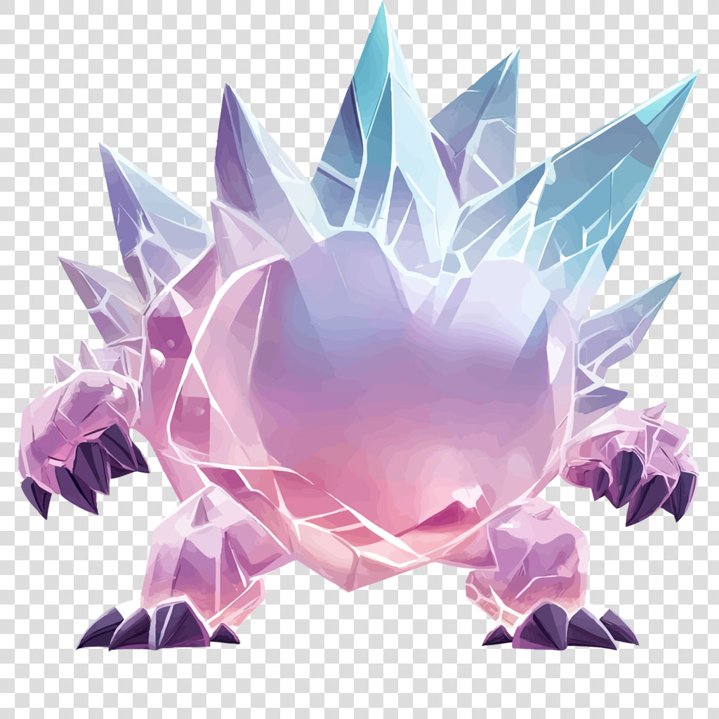 A digital illustration of a creature composed of pink and blue crystals with sharp edges and claws.