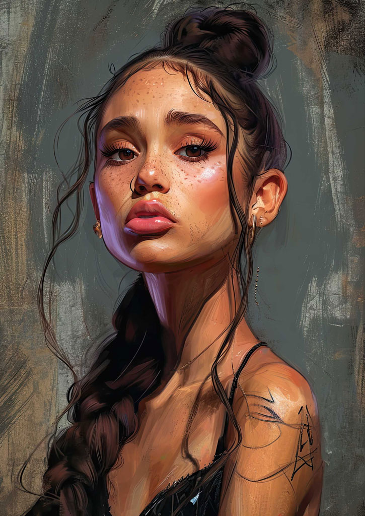 A digital painting of a young woman with brown hair in a braid, freckles on her face, and a black top.